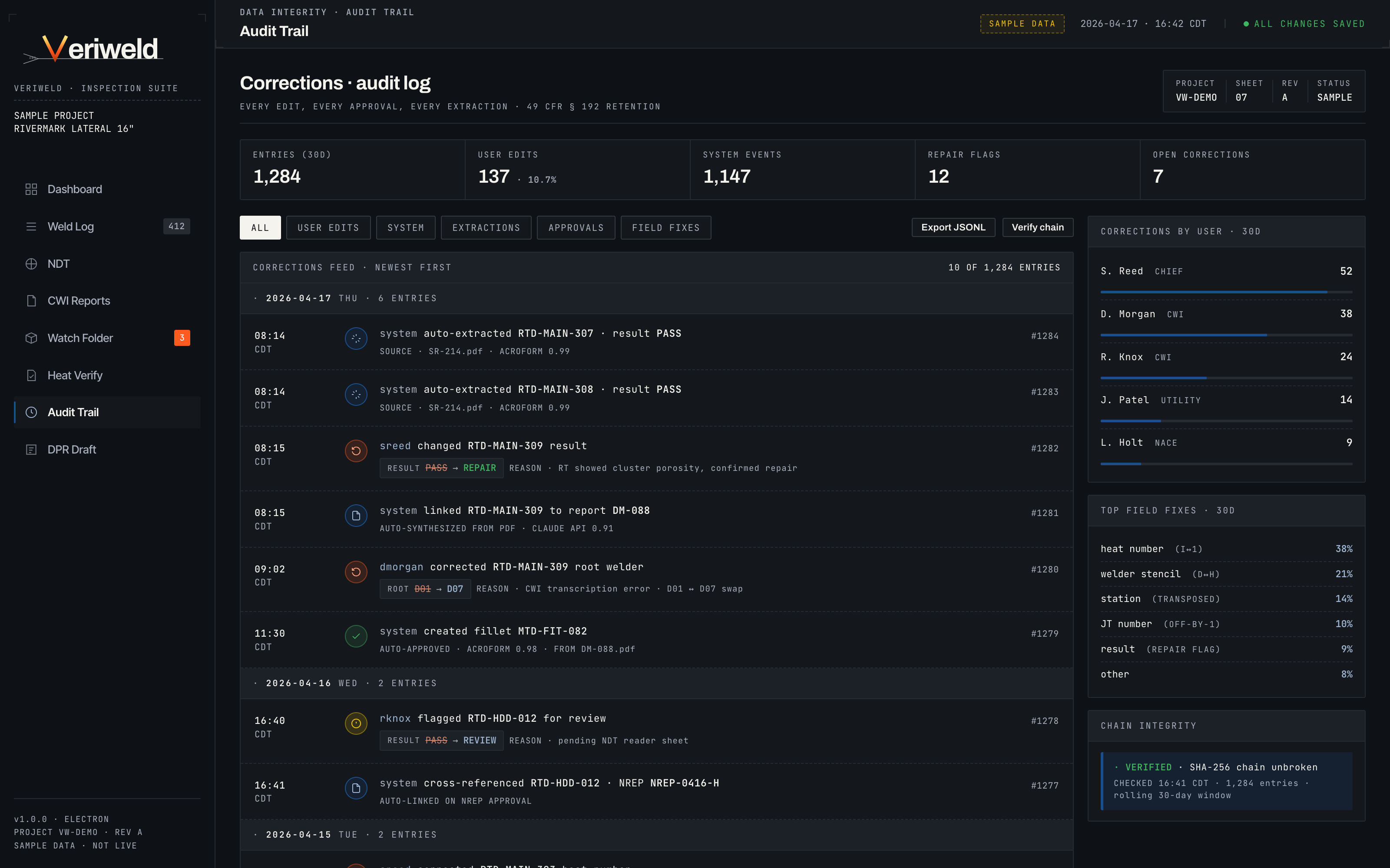Veriweld audit trail — sample data showing every edit with user, timestamp, field, before and after values.