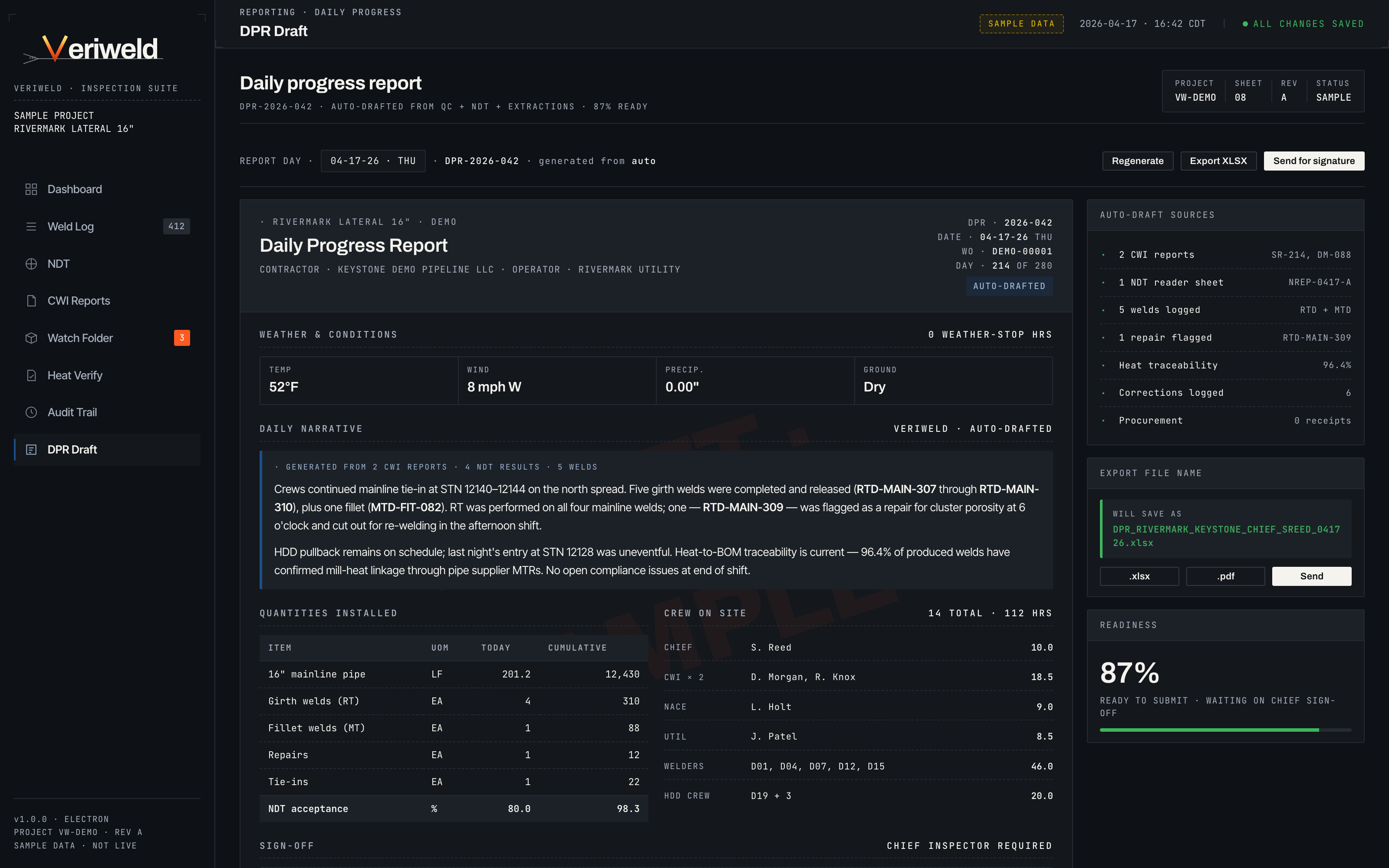 Veriweld daily progress report — automatically generated from the day's welds, NDT results, and corrections, ready for turnover.