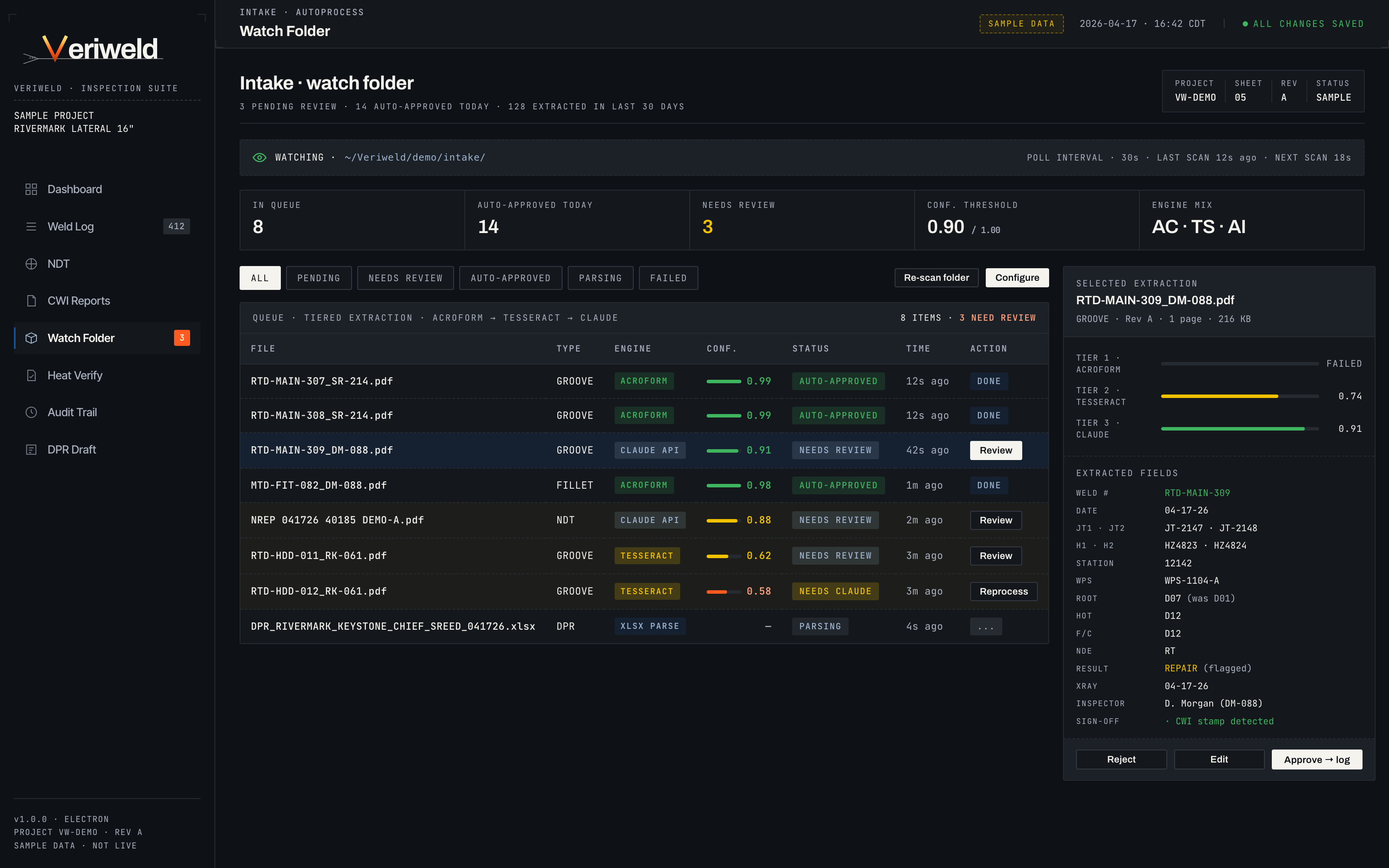 Veriweld mobile field capture — inspector logs a weld with photo, GPS, and barcode-scanned heat number.