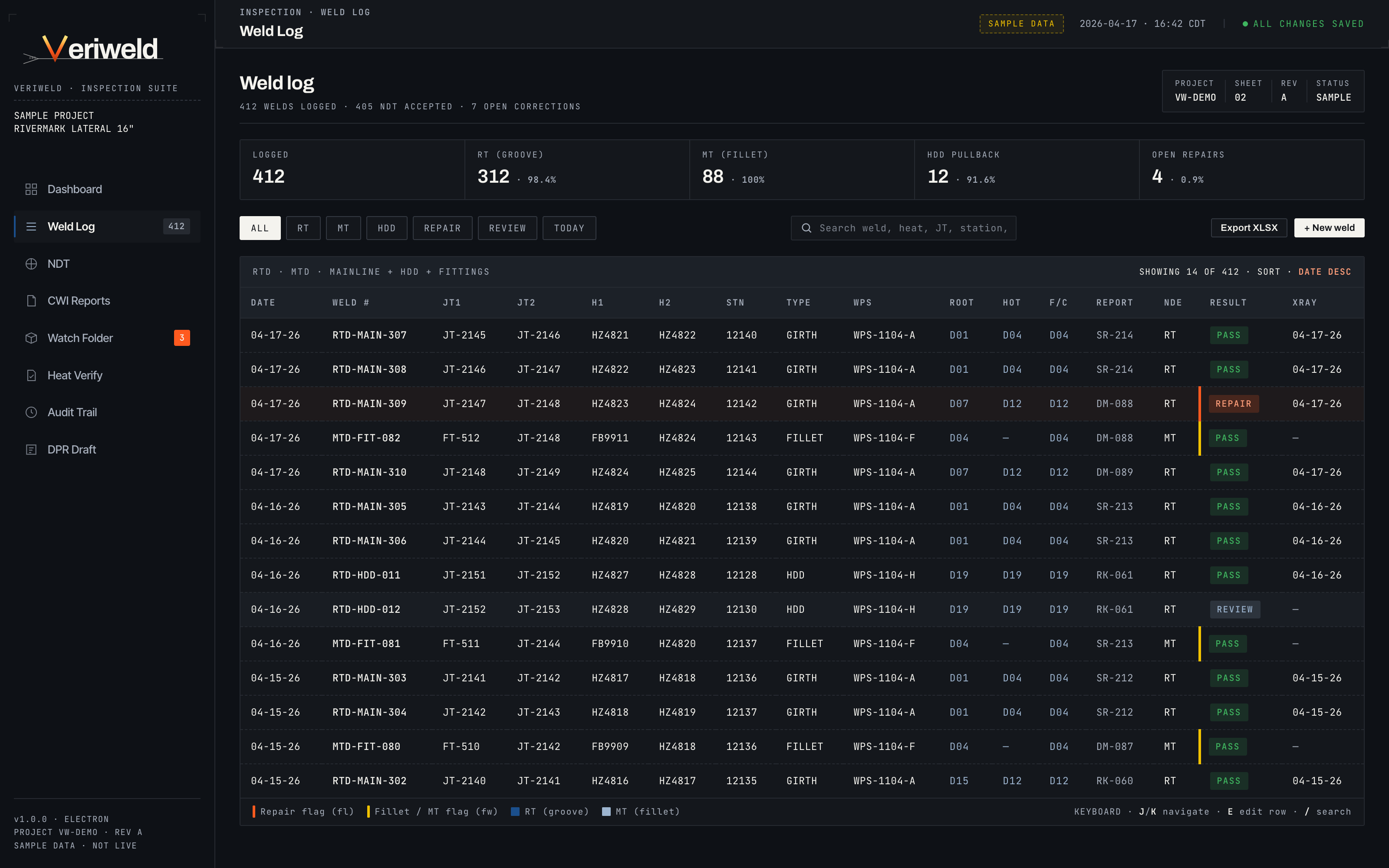 Veriweld weld log — sample data showing RT and MT welds with joint numbers, heat numbers, welder stencils, NDT results, and inline edit.
